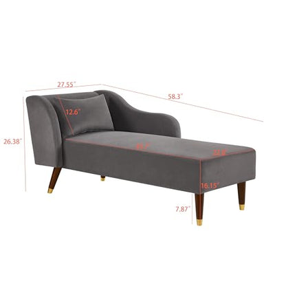 GDFStudio Upholstered Chaise Lounge Chair Indoor, Modern Velvet Recliner Lounge Chair with Removable Pillows, Gold Wood Legs, Backrest & Armrest, Reading Chaise Chair for Living Room Bedroom, Grey