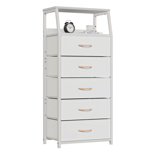 White Tall Dresser for Bedroom, 5 Fabric Bins Tall Nightstand | Dorm Dresser, Vertical Storage for Closet, Chest of Drawer for Entryway, Nightstand Bedside Table, Metal Frame,Wood Top