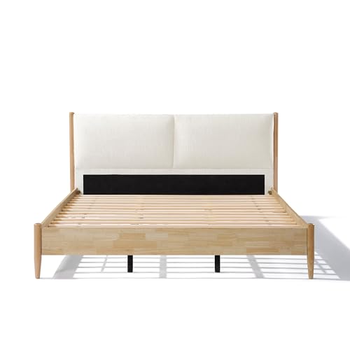 Raven Modern California King Size Bed Frame with Upholstered Headboard, Natural Wood California King Size Platform Bed Frame, No Box Spring Needed, Easy Assembly, White+Natural