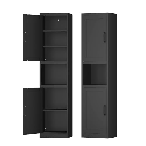 67" Tall Slim Pantry Cabinet, Narrow Bathroom Storage Cabinet | Metal Skinny Cabinet with Door and Adjustable Shelves, for Small Spaces, Kitchen, Bathroom, Laundry Room, Living Room, Black