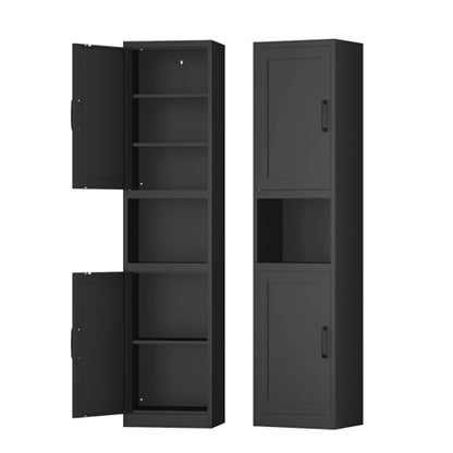 67" Tall Slim Pantry Cabinet, Narrow Bathroom Storage Cabinet | Metal Skinny Cabinet with Door and Adjustable Shelves, for Small Spaces, Kitchen, Bathroom, Laundry Room, Living Room, Black