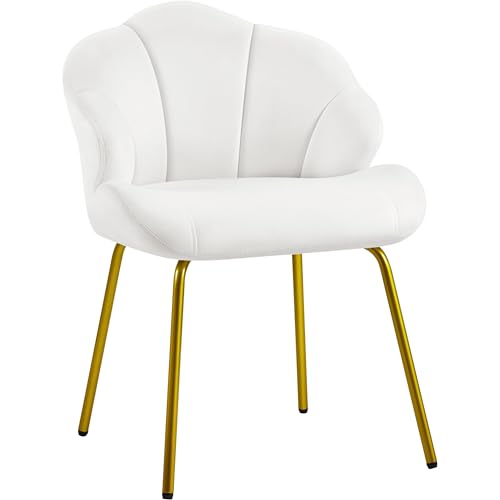 Yaheetech Vanity Chair, Velvet Accent Chair with Shell-Shaped Backrest, Modern Armchair with Gold Metal Legs for Dressing Room/Bedroom/Living Room, White