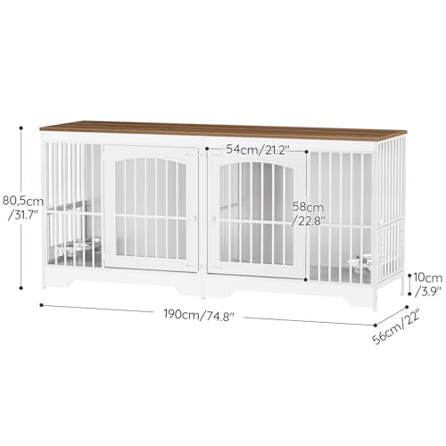 74.8” Dog Crate Furniture for 2 Dogs, Wooden Dog Kennel Indoor with Dog Bowls, Extra Large Double Doors Dog Crate TV Stand, Dog Kennel with Divider, White and Walnut