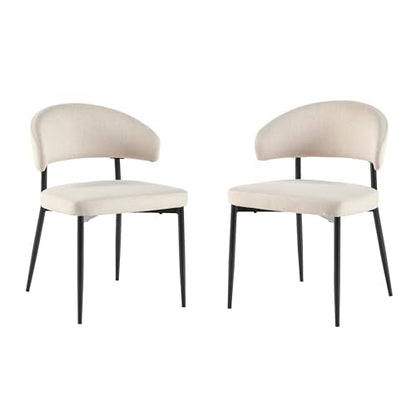 Modern Curved Back Upholstered Dining Chair with High-Performance Woven Upholstery and Powder Coated Steel Base, 2pk, Ivory