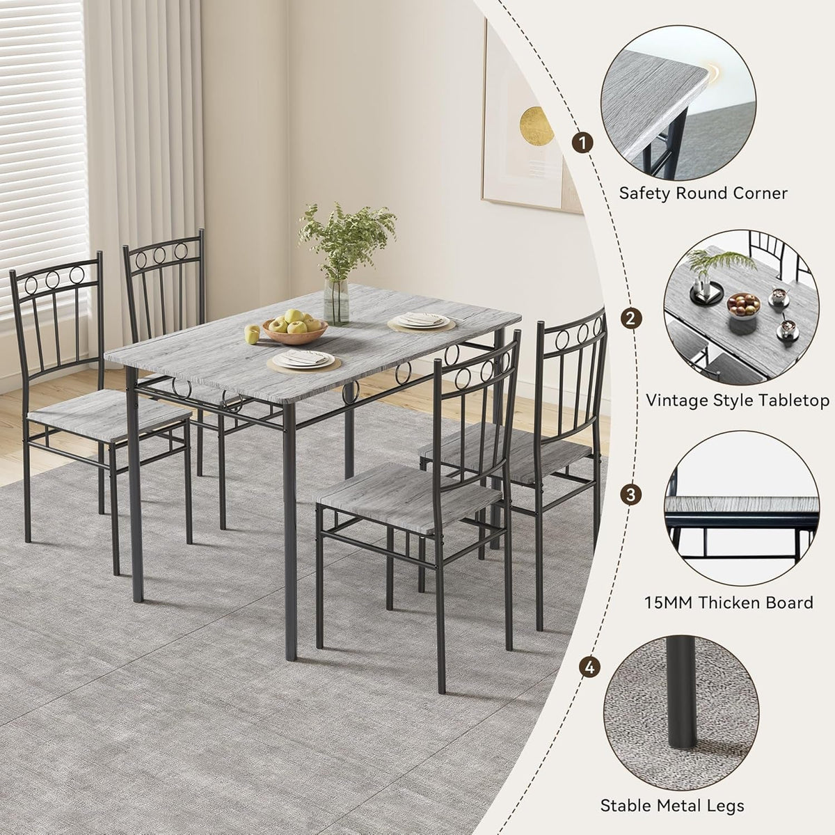 Rectangular Dining Room Table Set with 4 Chairs, Space-Saving Kitchen Table Set for Small Space, Retro Grey