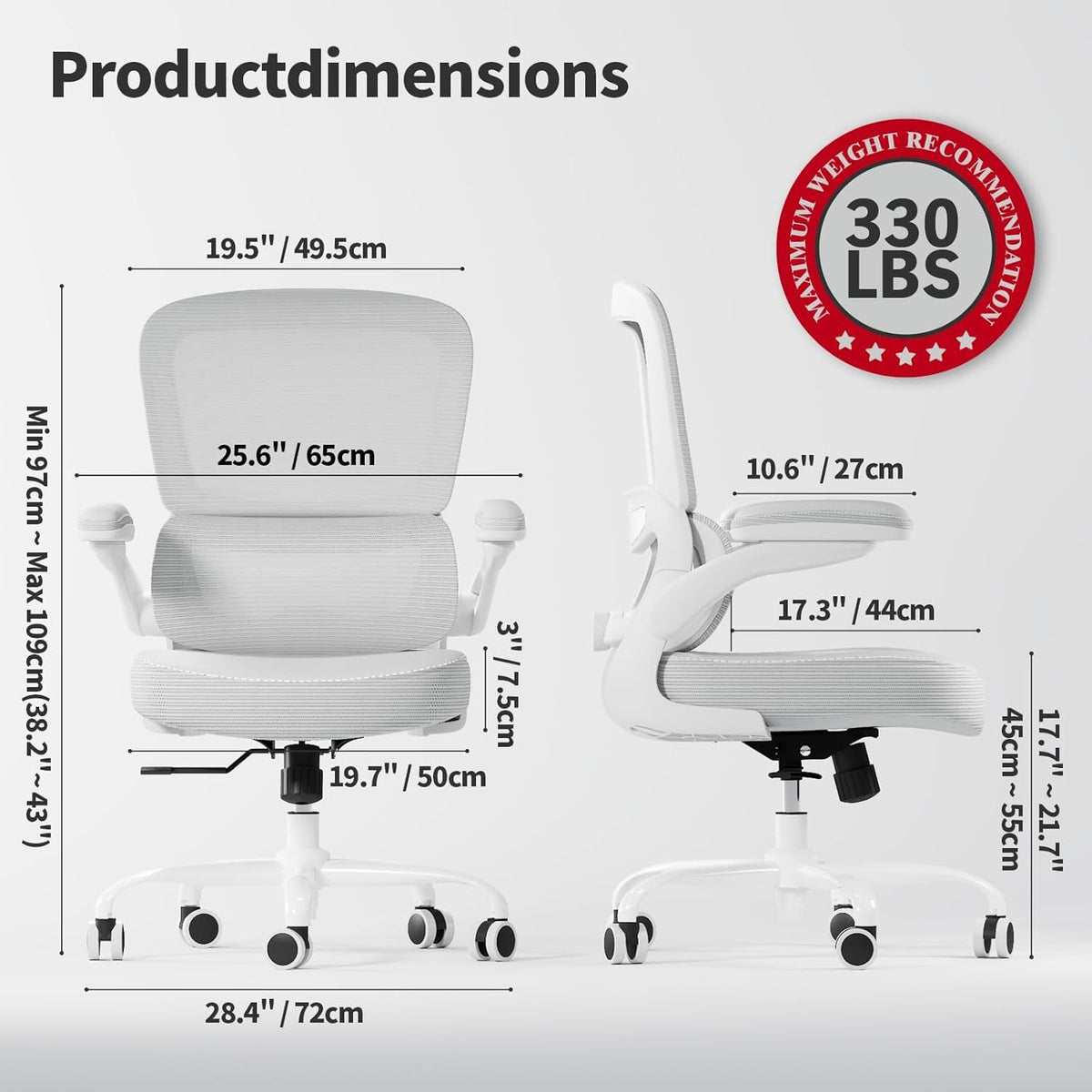 Ergonomic Office Chair - Desk Chair with Adjustable Lumbar Support Computer Chair - Mesh Comfy Chair with Flip-Up Armrests - Gaming Chairs for Adults Home Office (Leather, White)