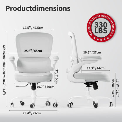 Ergonomic Office Chair - Desk Chair with Adjustable Lumbar Support Computer Chair - Mesh Comfy Chair with Flip-Up Armrests - Gaming Chairs for Adults Home Office (Leather, White)