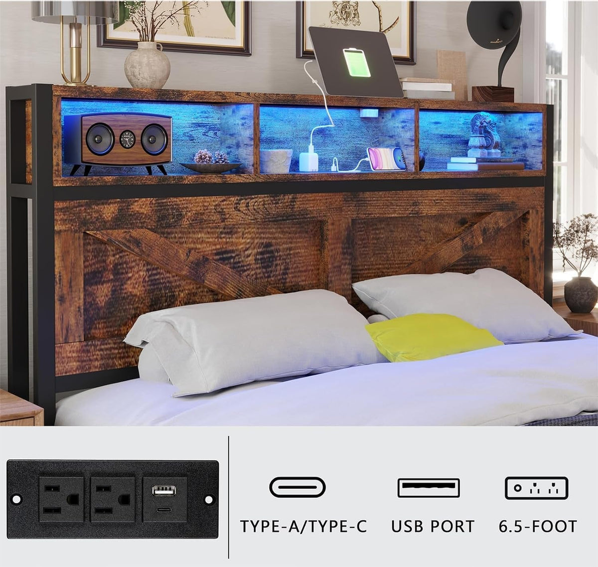 Farmhouse Queen Bed Frame with Bookcase Headboard and Storage Drawers, LED Lights and Charging Station, No Box Spring Needed, Noise Free, Rustic Brown