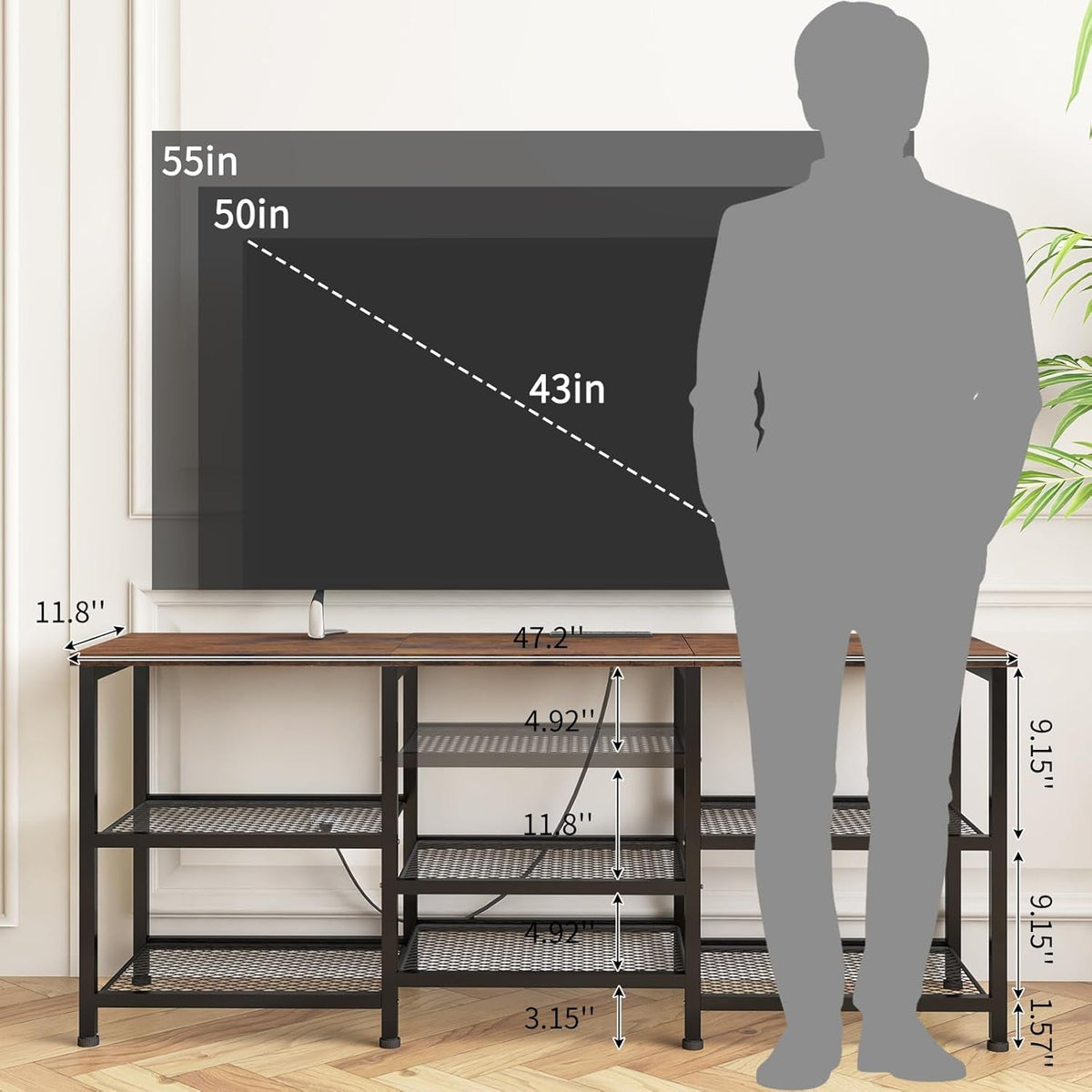 TV Stand for 55 Inch Tvs, Entertainment Center with Movable Shelf Panels, Power Outlet and LED Lights Open Storage Shelves, TV Media Console Table for Living Room and Bedroom, Rustic Brown