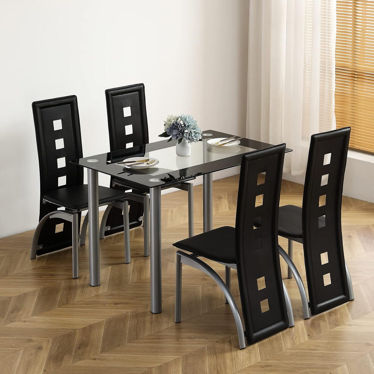 5-Piece Glass Dining Table Set with Glass Table and 4 Leather Chairs for Kitchen, Breakfast, Living Room; Space Saving(White Glass)