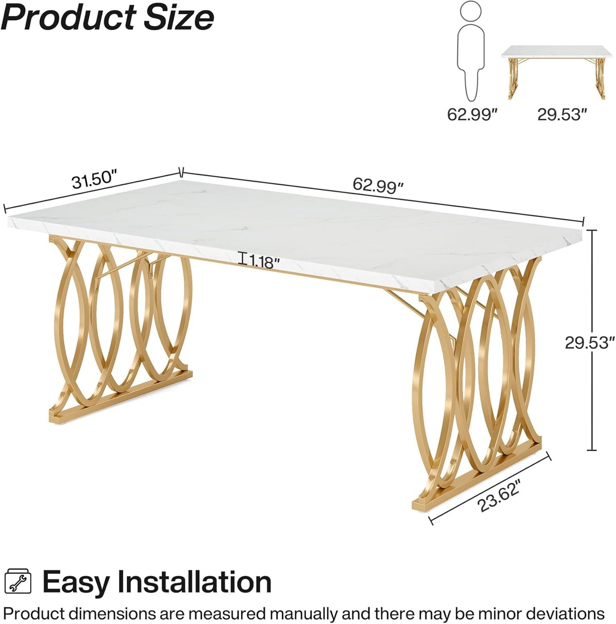 63-Inch Faux Marble Dining Table with Gold Geometric Legs