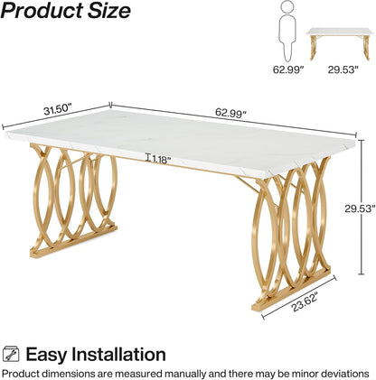 63-Inch Faux Marble Dining Table with Gold Geometric Legs