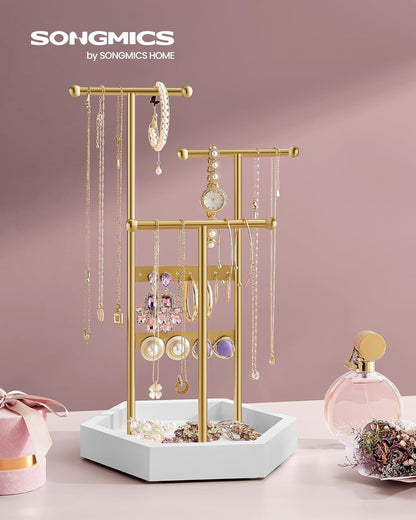 Jewelry Holder, Jewelry Organizer, 3 Tiers and 1 Tray, Jewelry Display Stand with Metal Frame, Necklace Earring Bracelet Holder, for Rings, Pale Gold and White UJJS003A01
