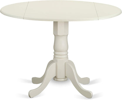 DLBO5-WHI-W 5 Piece Kitchen Table Set for 4 Includes a round Dining Room Table with Dropleaf and 4 Solid Wood Seat Chairs, 42X42 Inch, Linen White