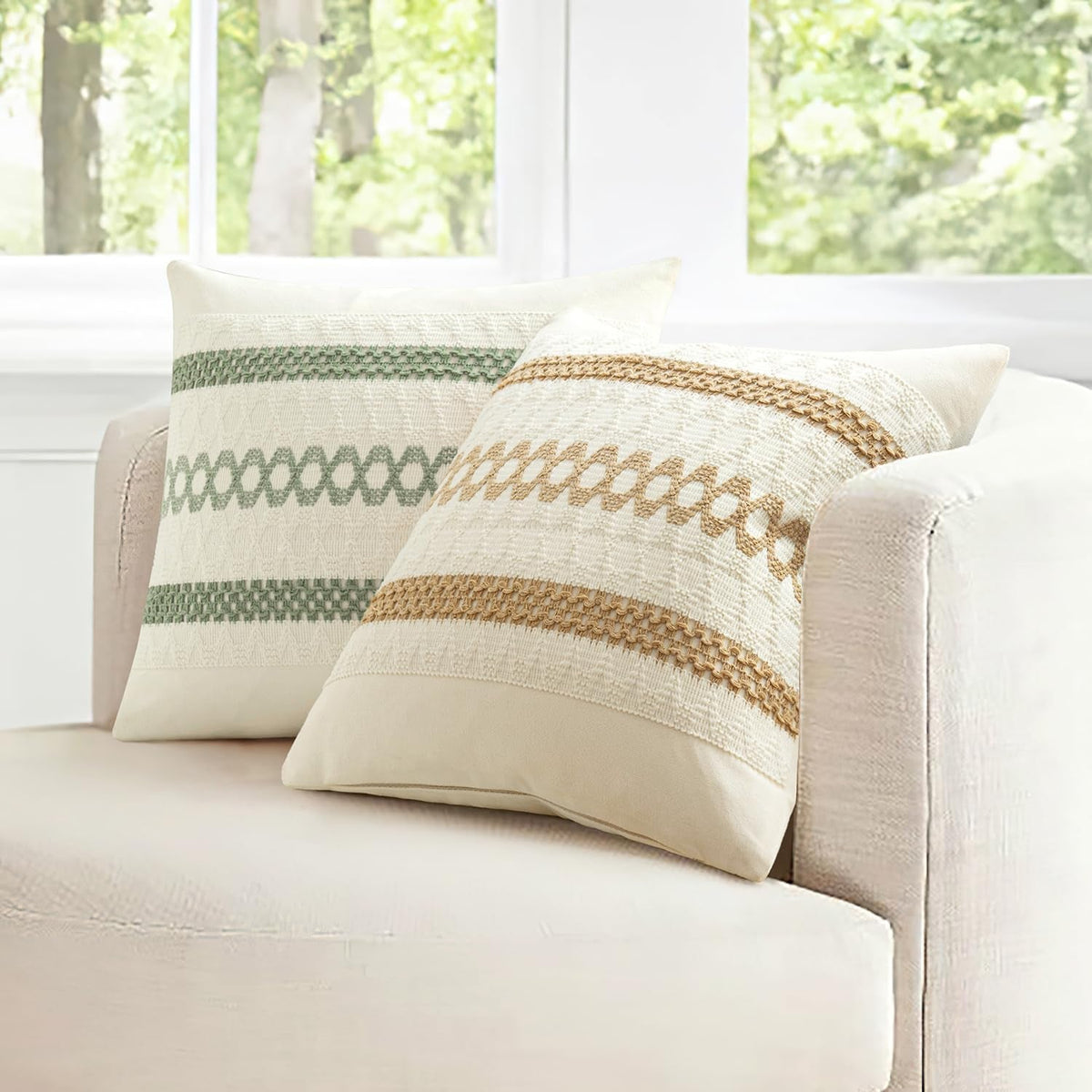 Set of 2 Sage Green Boho Decorative Lumbar Pillow Covers 12X20 Inch Farmhouse Rustic Couch Throw Pillows Modern Summer Cushion Covers Retro Cute Macrame Woven Home Decor for Bed Sofa Chair