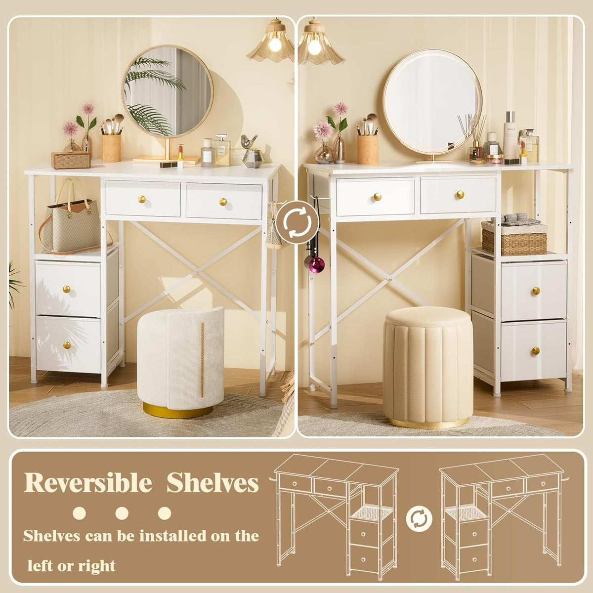 White Vanity Desk without Mirror, Small Makeup Desk with 4 Fabric Drawers, 33.5 Inches Dressing Table with Storage, Vanity Table for Bedroom with Hook, White