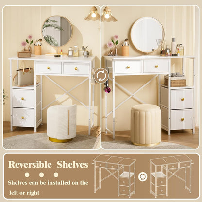 White Vanity Desk without Mirror, Small Makeup Desk with 4 Fabric Drawers, 33.5 Inches Dressing Table with Storage, Vanity Table for Bedroom with Hook, White