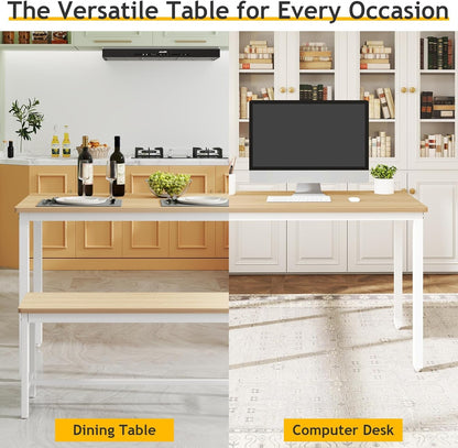 43" Dining Table Benches Set for 4, Modern Space Saving Kitchen Table Chairs & Adjustable Feet Breakfast Table 2 Benches, Wooden Industrial Style Farmhouse, White
