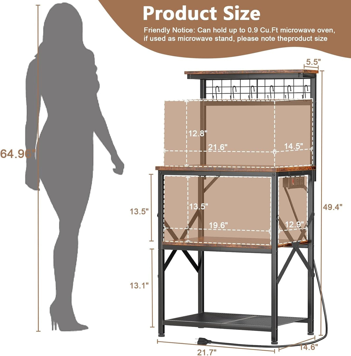 Kitchen Bakers Rack with Power Outlet, Microwave Oven Stand with Storage 4 Tiers, Coffee Bar Table with 6 S Hooks, Kitchen Storage Shelf Rack for Spices, Pots, Rustic Brown