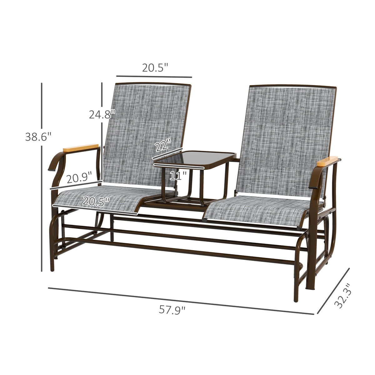 Outdoor 2-Person Glider Bench, Outside Glider Swing Chair Loveseat with Table, Steel Frame, Gray