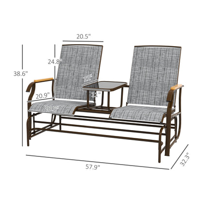 Outdoor 2-Person Glider Bench, Outside Glider Swing Chair Loveseat with Table, Steel Frame, Gray