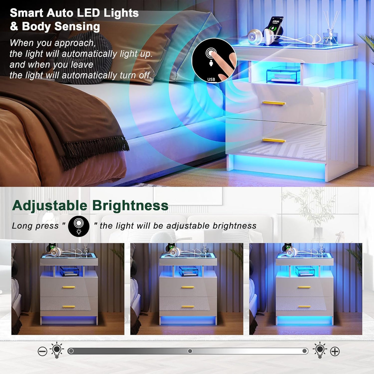 Auto LED Nightstand Set of 2, White Night Stand with Charging Station & USB Ports, High Gloss Bedside Table Has 2 Drawers,Modern End Side Table for Bedroom (White)