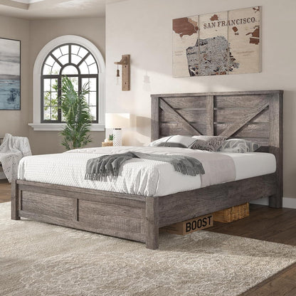Queen Size Farmhouse Bed Frame with 49.2" Barn Door Headboard, Platform Bed Frame with Wood Slats, under Bed Storage Space, Easy Assembly, Noisy Free, Rustic Gray