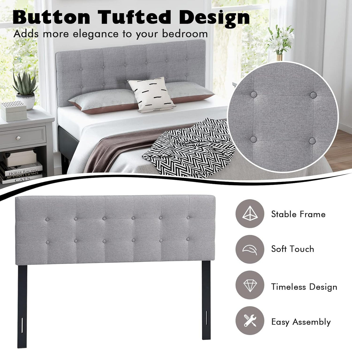 Linen Upholstered Headboard, Adjustable Width Button Tufted Headboard Only with Solid Wood Legs, Attach Frame, Rectangular Headboard for Queen Full Size Bed, Gray