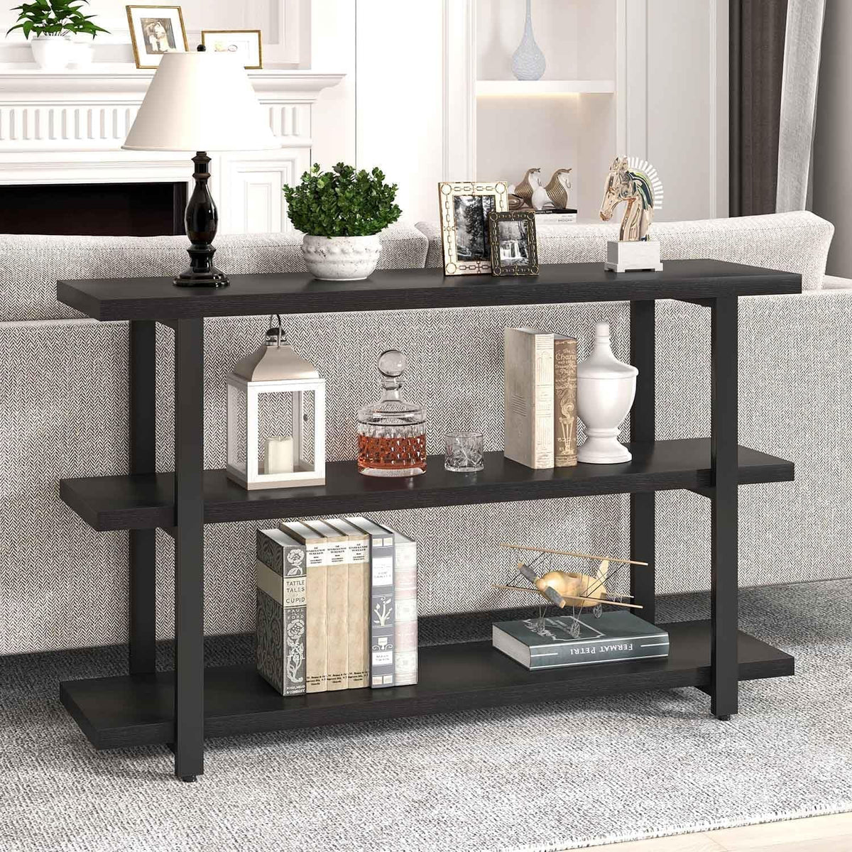 Black Entryway Table, Modern Console Tables with 3 Tier Storage Shelves for Living Room, Wood and Metal Sofa Table for Hallway, Entrance, or behind Couch, 47 Inch