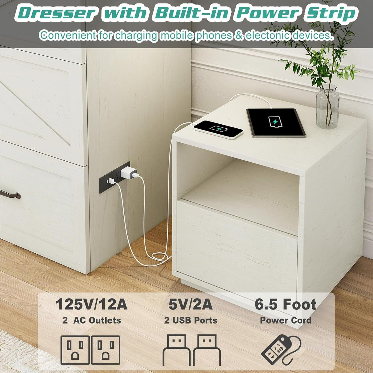 Queen Size Murphy Chest Bed with Drawer and Charging Station, Farmhouse Wood Space-Saving Hidden Folding Bed Chest, Multifunctional Storage Cabinet Beds for Bedroom, Office, Rustic White