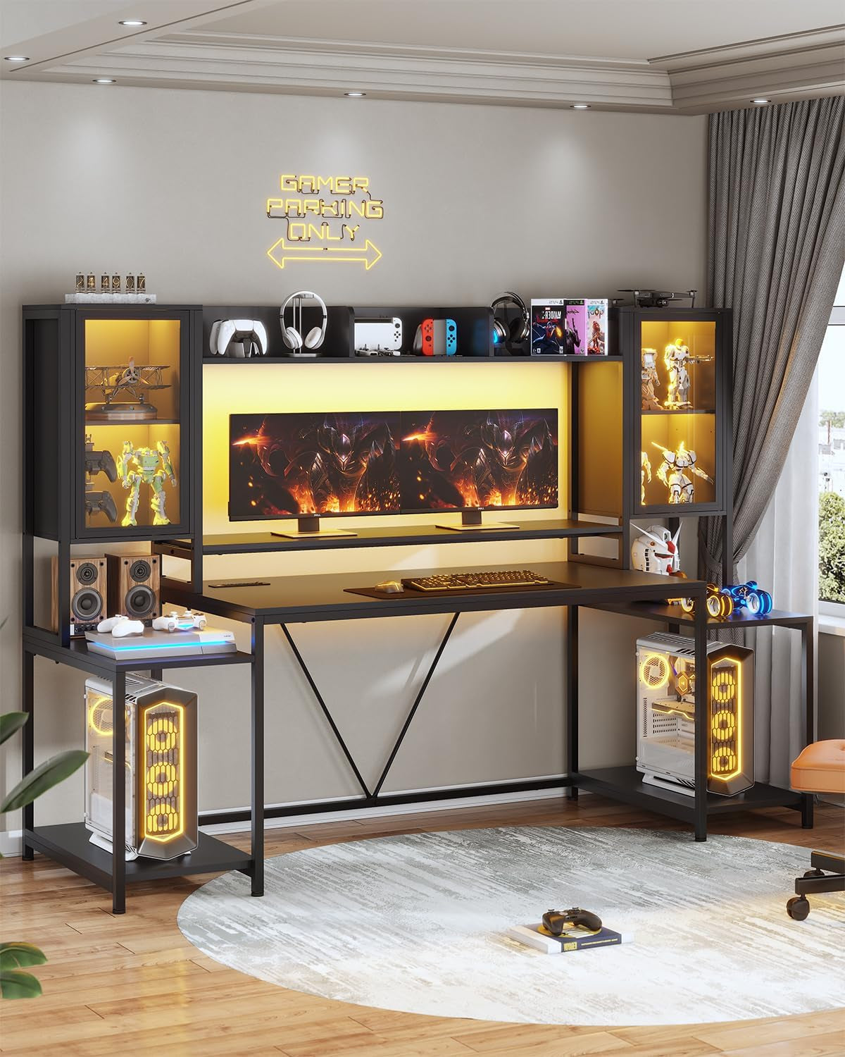 Gaming Desk 74.8'' with LED Lights, Hutch and Storage Shelves, Computer Desk with Monitor Stand, Large PC Gamer Desk Workstation, Ergonomic Gaming Table for Bedroom, Living Room, Black