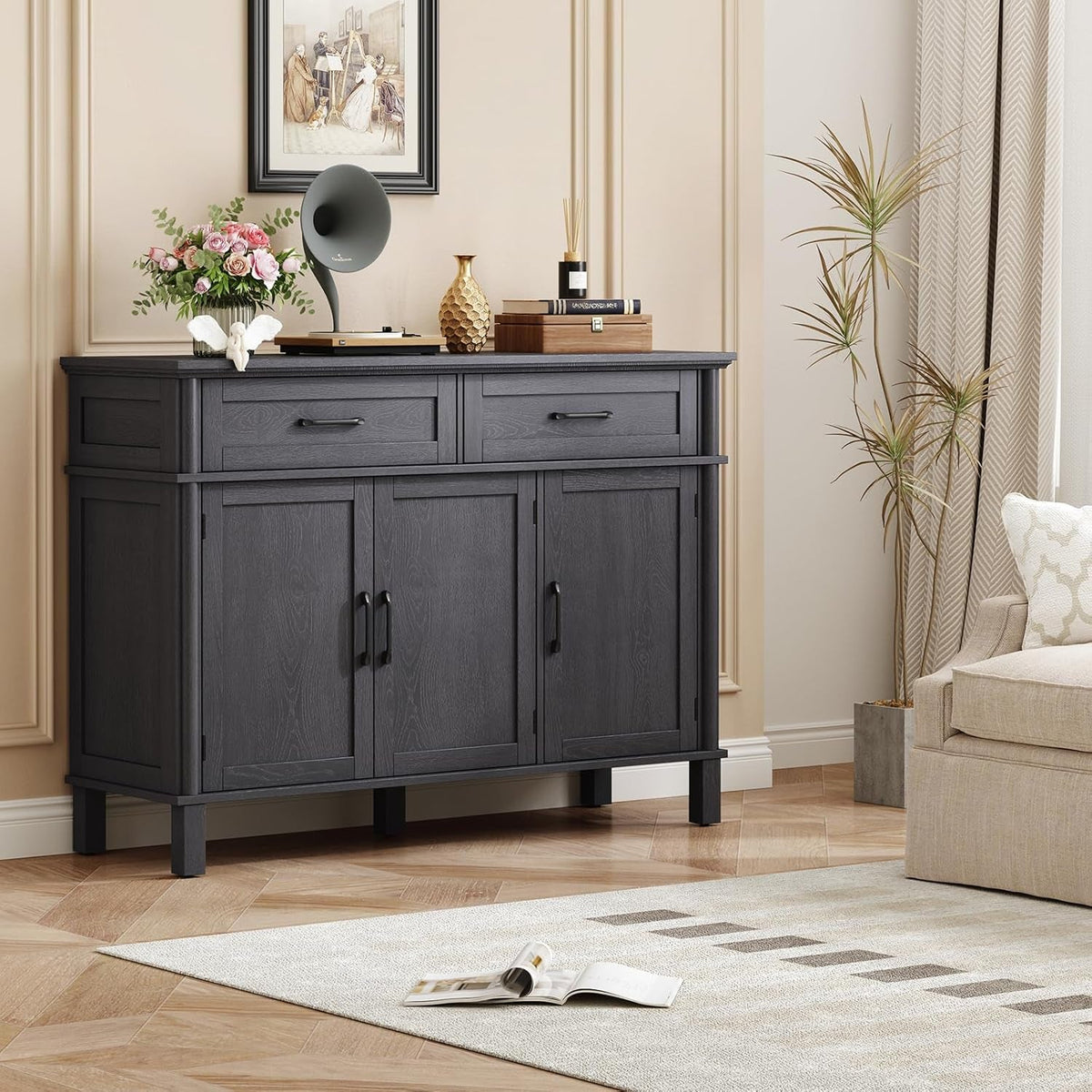48 Inches Buffet Cabinet with Storage, Farmhouse Sideboard Buffet W/2 Drawers and 3 Doors, Wood Coffee Bar Cabinet with Adjustable Shelves, Sideboard Storage for Kitchen, Living Room, Black