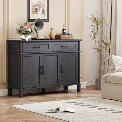 48 Inches Buffet Cabinet with Storage, Farmhouse Sideboard Buffet W/2 Drawers and 3 Doors, Wood Coffee Bar Cabinet with Adjustable Shelves, Sideboard Storage for Kitchen, Living Room, Black