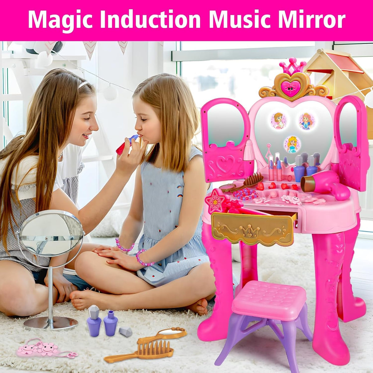 Toddler Vanity Toy Set with Musical Lighted Mirror, Pink, Ages 3-5