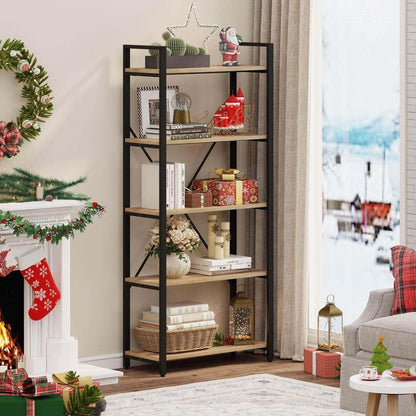 5 Tier Bookshelf, Industrial Wood and Metal Book Shelves for Display, Tall Etagere Bookcase and Rustic Shelving Unit (Rustic Oak)