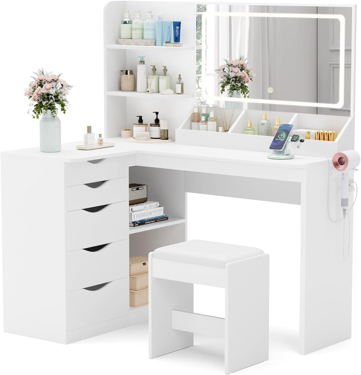 Vanity Desk with Lights and Mirror, L Shaped Makeup Table, Dresser with Hairdryer Holder and Power Outlet, Adjustable 3 Lighting Modes, 5 Drawers and Adjustabled Open Storage Shelves, White