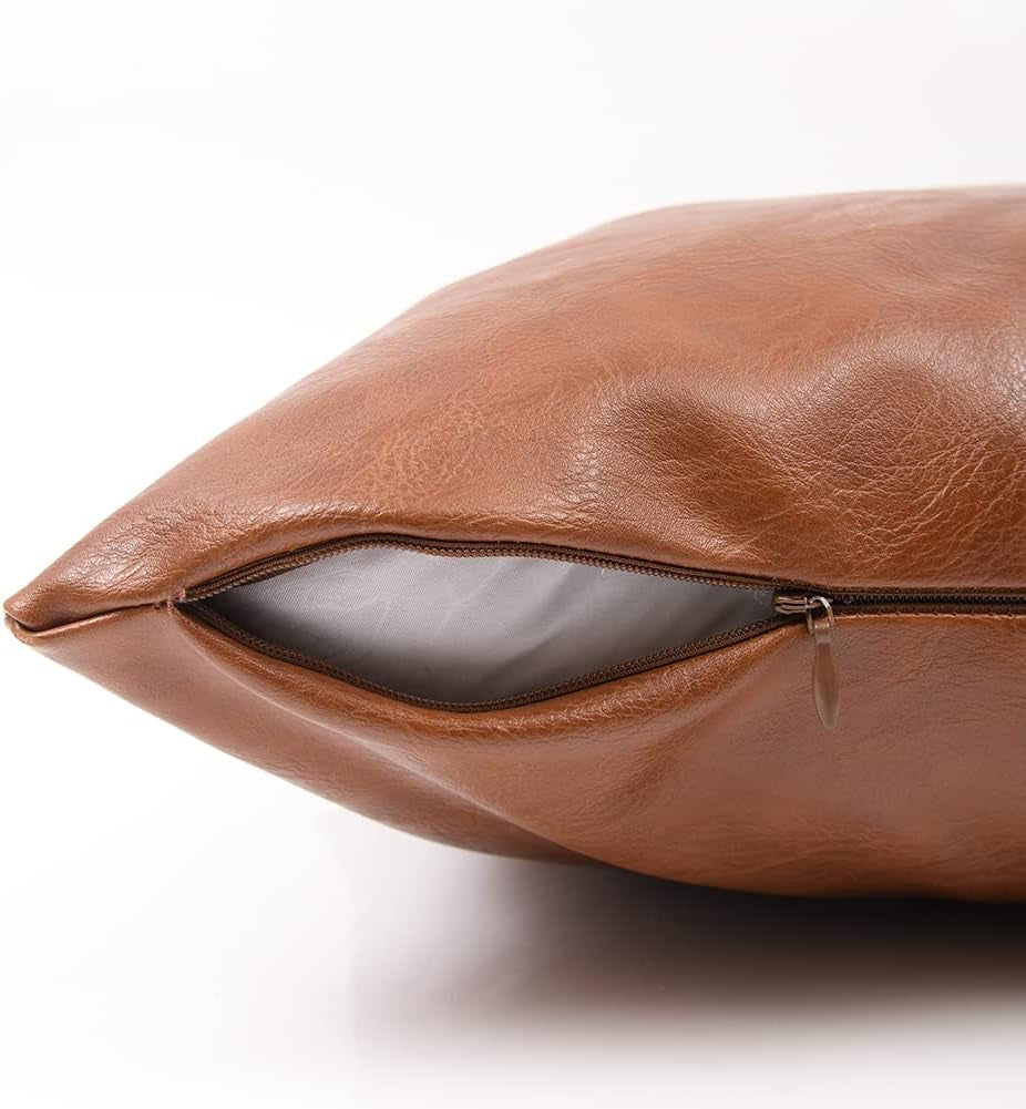 2 Packs Brown Boho Lumbar Faux Leather Decorative Throw Pillow Covers 12X20 Inch for Living Room Couch Bed Sofa, Hand Stitched Rectangle Cushion Case, Rustic Modern Farmhouse Home Decor