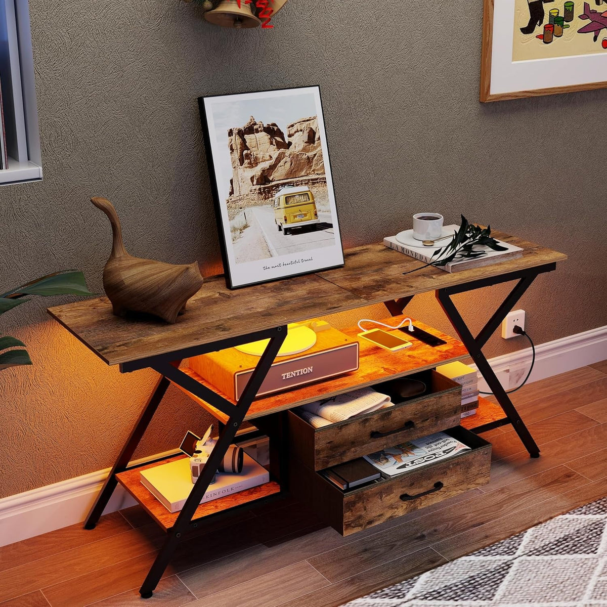TV Stand with Power Outlet and LED Lights, Fits Tvs up to 65”, 2 Fabric Drawers Entertainment Center with Open Storage Shelves, Media Console for Living Room, Bedroom (Rustic Brown)