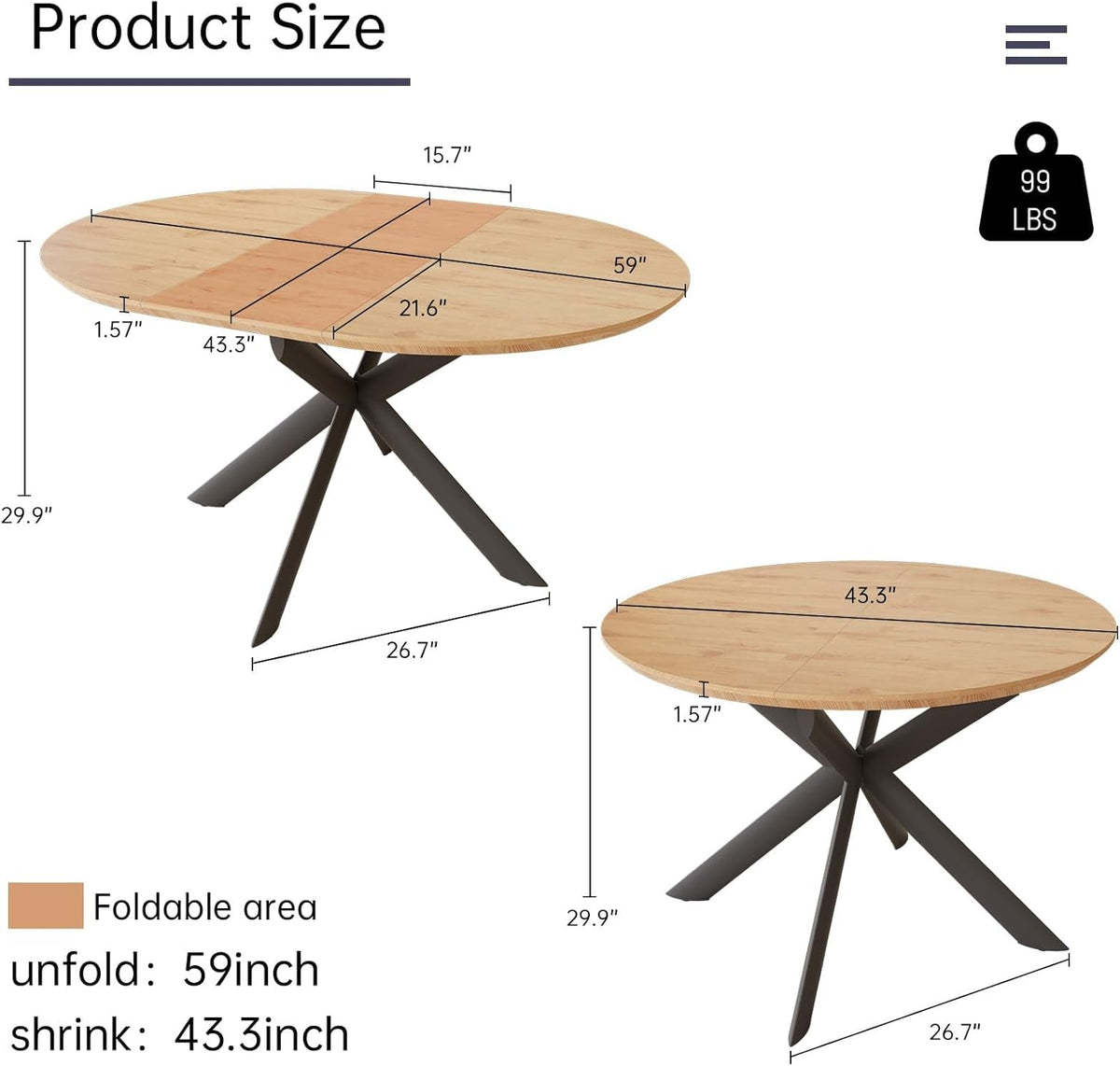 43.2"-59.1" Extendable round Dining Table Set, round Table for 4-6 Person with Scratch-Resistant Thickened MDF Board, Oak Coffee Table W/Metal Legs