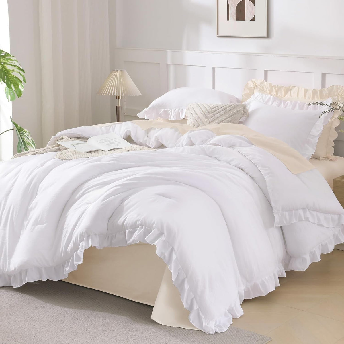 Comforter Full Size Set White, 3 Pieces Ruffle Farmhouse Shabby Chic Gift Full Comforter Set, Soft Lightweight Fluffy All Season Room Decor Bed Set for Girls Women Teens Daughter