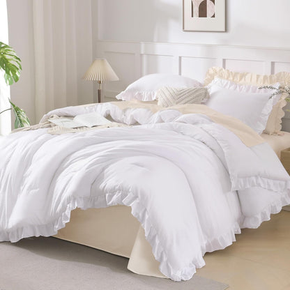 Comforter Full Size Set White, 3 Pieces Ruffle Farmhouse Shabby Chic Gift Full Comforter Set, Soft Lightweight Fluffy All Season Room Decor Bed Set for Girls Women Teens Daughter