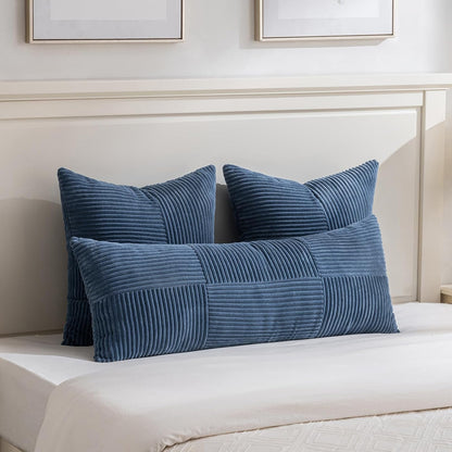 2 Packs Dusty Blue Decorative Throw Pillow Covers 18X18 Inch for Living Room Couch Bed, Farmhouse Boho Home Decor, Soft Corss Corduroy Patchwork Textured Square Cushion Case 45X45Cm