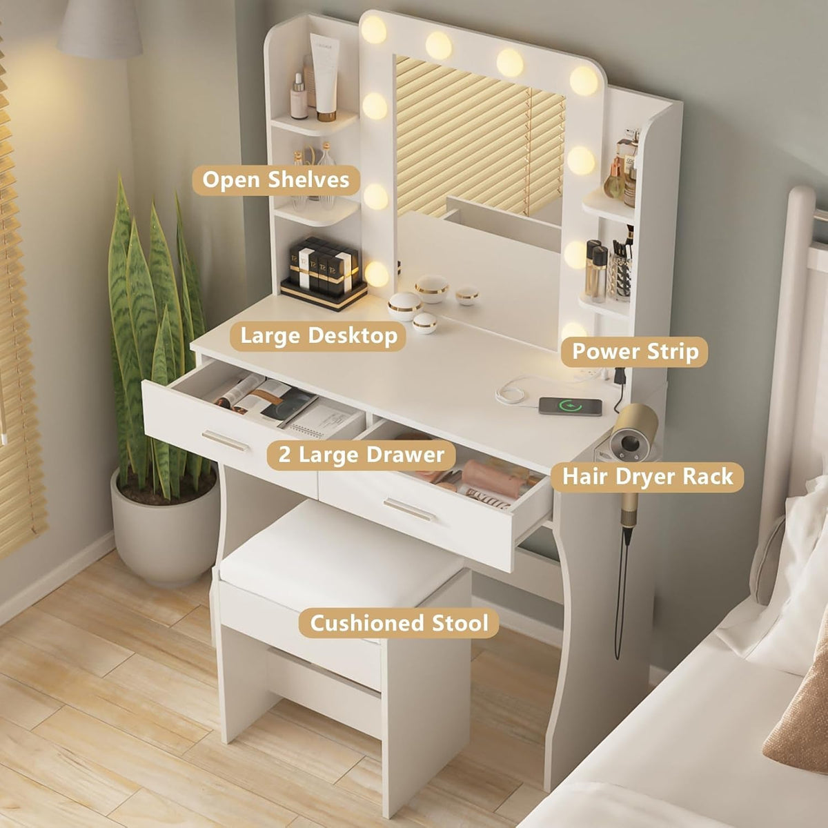 Vanity Desk with Lights,keup Vanity with Power Strip,Dressing Table Set with 2 Large Drawers,Vanity Mirror 3 Lighting Color Adjustable,White