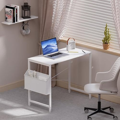 32 Inch Computer Desk Small Spaces Desk with Storage Bag for Bedroom Writing and Home Office Work Small Study Desk Table White