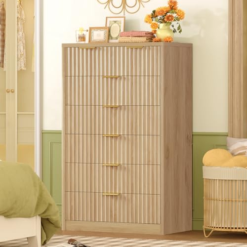 48" Tall Dresser for Bedroom with 7 Drawers, Dressers & Chests of Drawers with Metal Handle, Fluted Dresser, Wood Closet Clothes Storage Organizer for Bedroom, Hallway, Natural