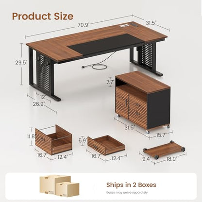 71" Executive Desk with Rolling File Cabinet, Large Office Desk with Drawers, L Shaped Computer Desk with Power Outlets, CPU Stand, Pegboard and Storage Shelves, Brown
