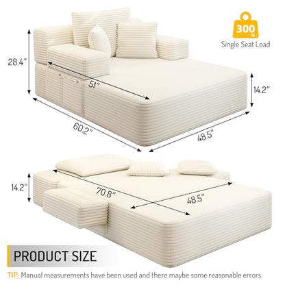 48.5'' Oversized Chaise Lounge Indoor, Corduroy Boneless Couch, Beige | Upholstered Single Sofa Bed with 3 Pillows, Side Pocket, Adjustable Armrest, Plush Floor Chair for Living Room, Balcony
