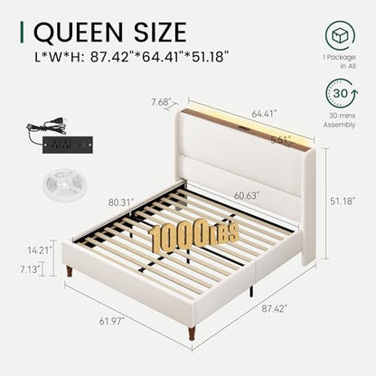 Queen Size Bed Frame with LED Lights and Charging Station Linen Upholstered Platform Bed Frame with 51.2" Tall Headboard Wingback and Storage Shelf, No Box Spring Needed, Noise Free, Beige