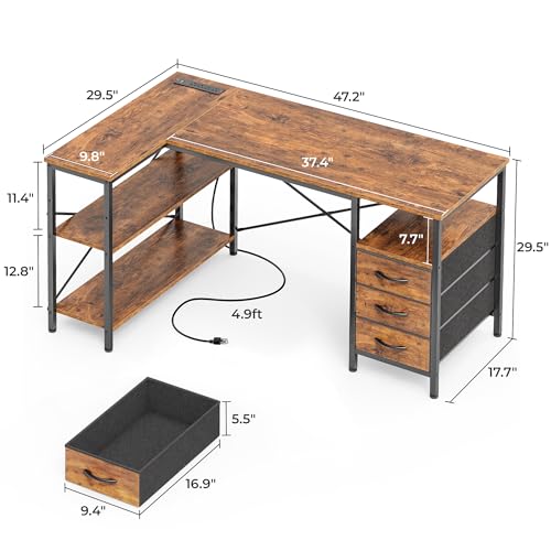 L Shaped Office Desk with Power Outlets & 3 Drawers