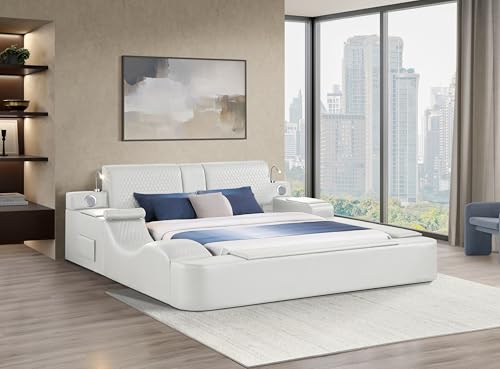 King Size Smart Bed, Multifunctional Leather Bed Frame with Massage Recliner/Adjustable Headboard/Music Speaker/USB Port/Storage Space, Modern Luxury Bed Frame(Beige)